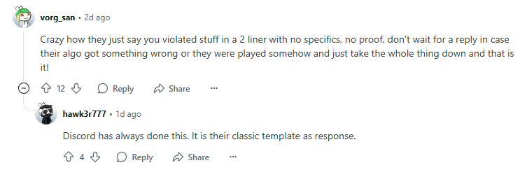 Reddit comment criticizing Discord over the takedown