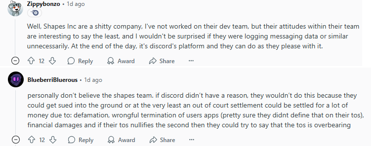 Reddit comment defending Discord's actions