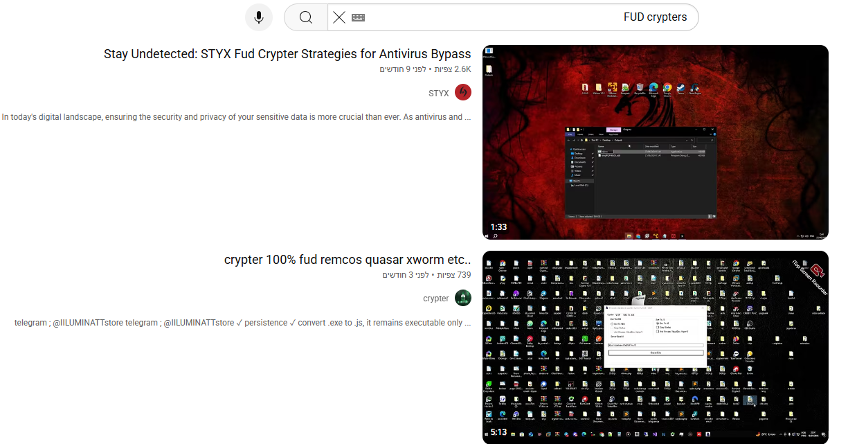 Video results for searching "FUD Crypter" on Youtube