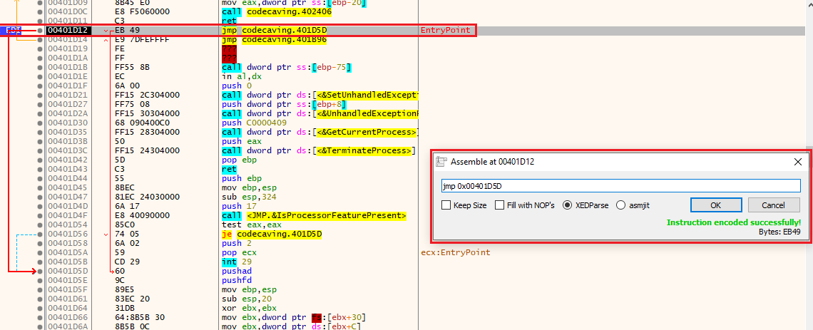 Jumping to our shellcode