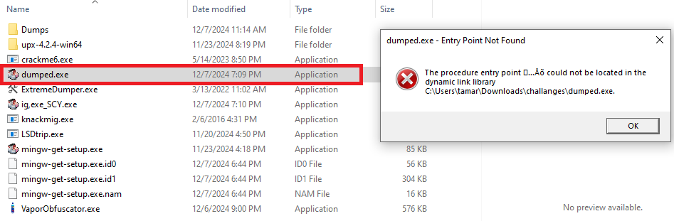 Error message when opening dump.exe