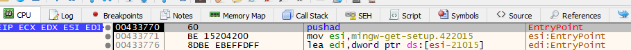 Debugger showing pushad instruction